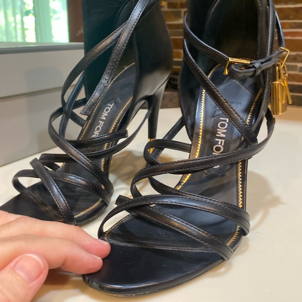 Tom Ford black stilettos w/gold lock & key. 38 1/2. Made it Italy! Sexy straps